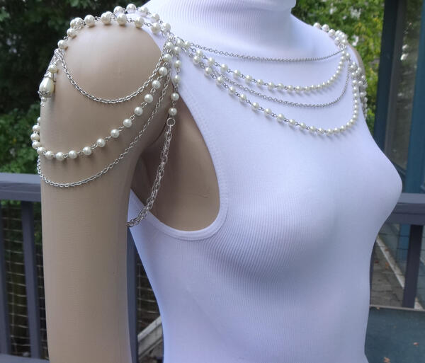Multi Strand White or Ivory Pearl and Silver Chain Bridal Wedding Shoulder Necklace