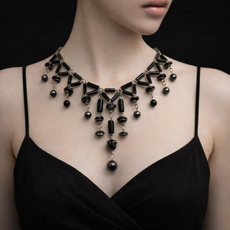 OOAK - Hematite and Black Wire Wrapped Bead Cascading Bib Statement Necklace