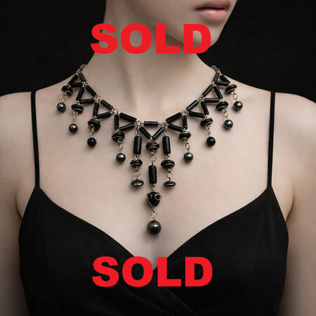 OOAK - Hematite and Black Wire Wrapped Bead Cascading Bib Statement Necklace