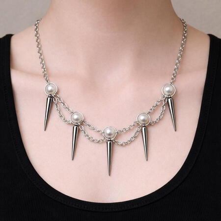 Gunmetal, White and Silver Spikes with Pearls Necklace