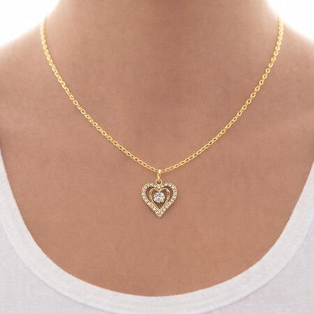Gold with Clear Crystal Rhinestone Open Heart Necklace