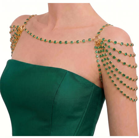 3-6 Strand Emerald Green Rhinestone with Gold Bezel Chain Double Side Shoulder Necklace