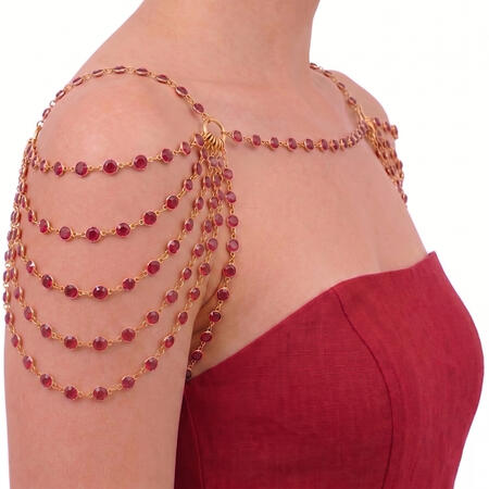 3-6 Strand Ruby Red Rhinestone with Gold Bezel Chain Double Side Shoulder Necklace