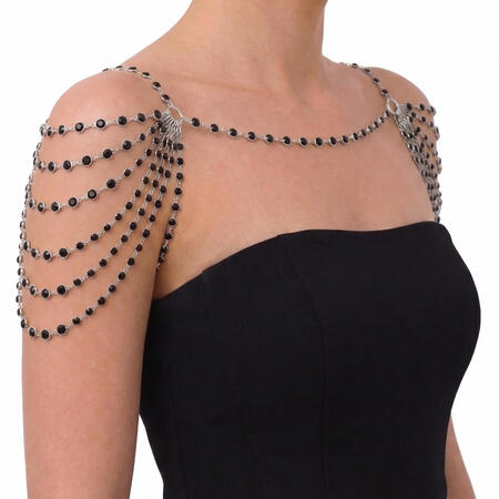 3-6 Strand Jet Black Rhinestone with Silver Bezel Chain Double Side Shoulder Necklace