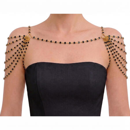 3-6 Strand Jet Black Rhinestone with Gold Bezel Chain Double Side Shoulder Necklace